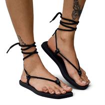 Sandália Rasteira Feminina de Amarrar Bico Quadrado Modernidade Inovação Lançamento Preto Você Mulher Mais Linda Ainda
