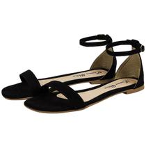 Sandália Rasteira Feminina Tira Abotoar Camurça Preto Sandália Rasteira Feminina Tira Abotoar Camurça Preto