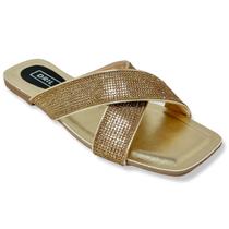 Sandália Rasteira Feminina Tiras Cruzadas Strass Dourada Sandália Rasteira Feminina Tiras Cruzadas Strass Dourada