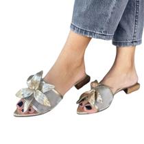 Sandália Rasteira Flat Flor Couro Legítimo Com Tela Sandália Rasteira Flat Flor Couro Legítimo Com Tela
