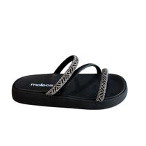 Sandalia Rasteira Flat Moleca Tira Com Strass Casual Preta
