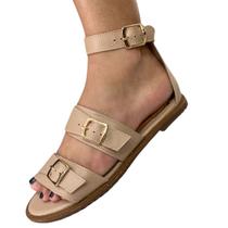 Sandália Rasteira Nude Couro Legitimo Fivelas Douradas