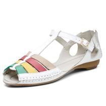 Sandália rasteira Pierrô feminina em couro legítimo cor branca detalhe em cores Sandália rasteira Pierrô feminina em couro legítimo cor branca detalhe em cores