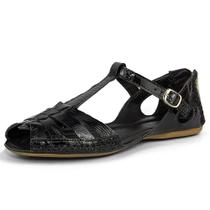 Sandália rasteira Pierrô feminina em couro legítimo verniz cor preta