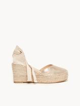 Sandália Romero Anabela 8 cm Camurça Dourado Sandália Romero Anabela 8 cm Camurça Dourado