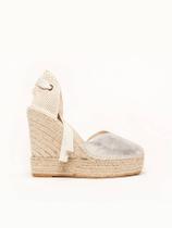 Sandália Romero Anabela Alta 12cm Camurça Metal Prateado