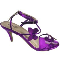 Sandália Roxo Metalizado Regulagem com Fivela Detalhe com Borboletas Salto Fino 8cm - ULLY