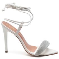Sandália Salto Alto Bico Folha Napa Off White Manta Strass