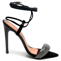 Sandália Salto Alto Bico Folha Nobuck Preto Manta Strass