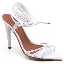 Sandália Salto Alto Verniz Bico Folha Branco Ella's