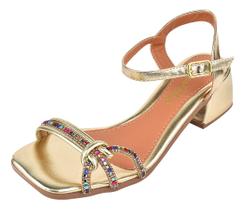Sandália Salto Baixo Grosso 4cm Bloco Bico Quadrado Dourada Strass Brilho Moda Luxo Ajustável