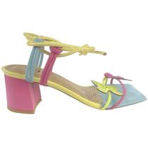 Sandália Salto Bloco 7cm Multicolor Detalhe Borboletas - ULLY