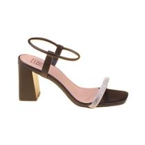 Sandalia Salto Bloco Alto Preto Elastico Calce Fácil Strass