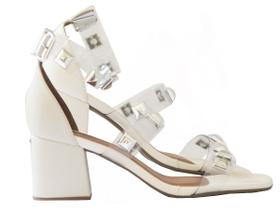 Sandália Salto Bloco Grosso Branco Spike Prata - Salook