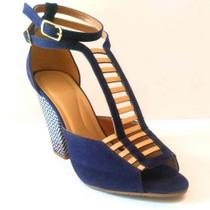 Sandalia Salto Bloco Nobuk Azul Sandalia Salto Bloco Nobuk Azul