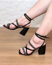 Sandália salto bloco - preto com strass