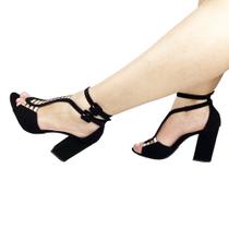 Sandália salto bloco preto/dourado sapato feminino er111