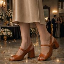 Sandália Salto Bloco Quadrado Napa Soft Slingback Feminina