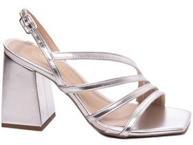 Sandália Salto Grosso Feminina Metalizado Prata Torricella