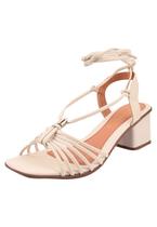 Sandália Salto Grosso Rosa Chic Calçados Feminino Salto Alto Bloco Amarração Bico Quadrado Branco