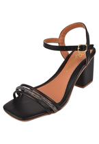 Sandália Salto Grosso Rosa Chic Calçados Feminino Salto Alto Bloco Brilho Strass Bico Quadrado Preto