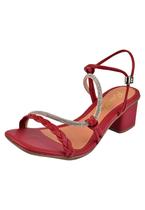 Sandália Salto Grosso Rosa Chic Calçados Feminino Salto Alto Bloco Trança Brilho Strass Bico Quadrado Vermelho