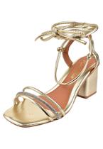 Sandália Salto Grosso Rosa Chic Calçados Feminino Salto Baixo Bloco Amarração Brilho Strass Bico Quadrado Dourado