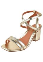 Sandália Salto Grosso Rosa Chic Calçados Feminino Salto Baixo Bloco Bico Quadrado Dourado