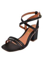 Sandália Salto Grosso Rosa Chic Calçados Feminino Salto Baixo Bloco Bico Quadrado Preto