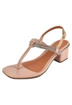 Sandália Salto Grosso Rosa Chic Calçados Feminino Salto Baixo Bloco Brilho Strass Bico Quadrado Nude