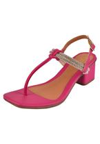 Sandália Salto Grosso Rosa Chic Calçados Feminino Salto Baixo Bloco Brilho Strass Bico Quadrado Pink