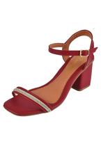 Sandália Salto Grosso Rosa Chic Calçados Feminino Salto Baixo Bloco Brilho Strass Bico Quadrado Vermelho