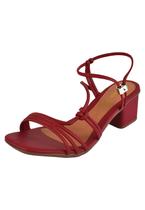 Sandália Salto Grosso Rosa Chic Calçados Feminino Salto Baixo Bloco Tirinhas Calce Fácil Bico Vermelho