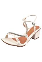 Sandália Salto Grosso Rosa Chic Calçados Feminino Salto Baixo Bloco Trança Brilho Strass Bico Quadrado Branco