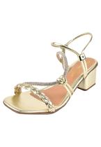 Sandália Salto Grosso Rosa Chic Calçados Feminino Salto Baixo Bloco Trança Brilho Strass Bico Quadrado Dourado