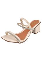 Sandália Salto Grosso Rosa Chic Calçados Salto Alto Bloco Elástico Calce Fácil Brilho Strass Bico Quadrado Branco