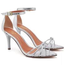 Sandália Salto Médio Feminino Bico Folha Cristal Prata Sandália Salto Médio Feminino Bico Folha Cristal Prata