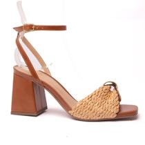 Sandália Sapato da Corte Salto Bloco Alto Rafia Anel