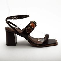 Sandália Sapato da Corte Salto Bloco Pedras Bico Quadrado Vira Pesponto