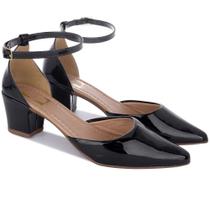 Sandália Scarpin Preto Feminino Social Salto Quadrado Bico Fino Preto Verniz