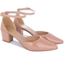 Sandália Scarpin Preto Feminino Social Salto Quadrado Bico Fino Rose Verniz