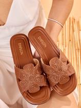 Sandália Slide Flor Palha - Marrom