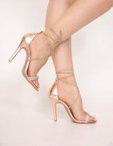 Sandalia social amarração strass salto fino 10 cm