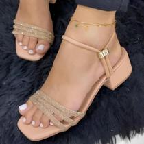 Sandália Strass Papete Feminina Confortável Salto Bloco Brilho Festa Envio Imediato