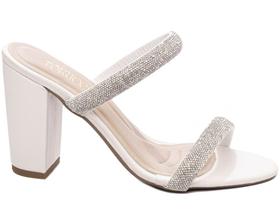 Sandália Tamanco Feminino Salto Alto Grosso Strass Off White Branco Torricella