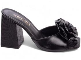 Sandália Tamanco Feminino Salto Médio Baixo Bloco Grosso Bico Quadrado Flor 9cm Torricella