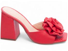 Sandália Tamanco Feminino Vermelho Salto Médio Baixo Bloco Grosso Bico Quadrado Flor 9cm Vermelho Torricella