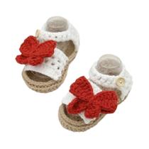 Sandálias De Crochê Para Bebê Em Algodão Branco Estilo Mary Jane Com Acento De Borboleta Vermelha