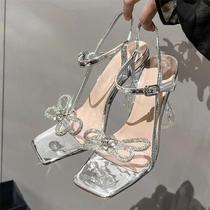 Sandálias De Salto Alto Transparentes Com Cristais E Bico Quadrado Com Laço Borboleta Para Mulheres,