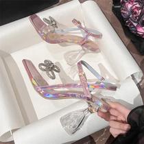 Sandálias De Salto Alto Transparentes Com Ponta Quadrada E Laço Borboleta Para Mulheres, Sapatos De